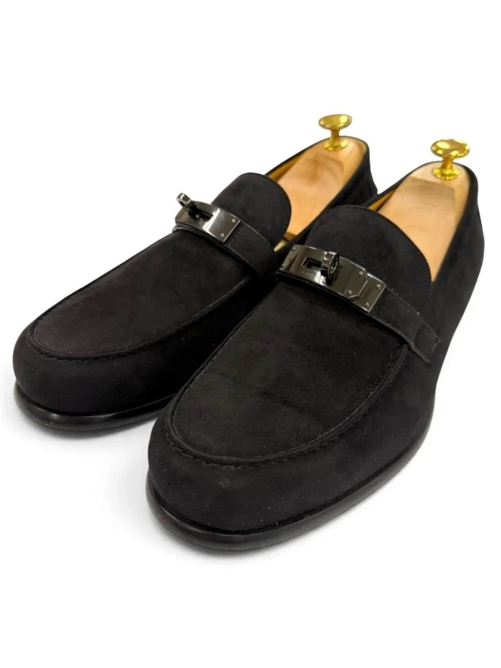 Hermes Suede Leather Kelly Buckle Chip Shoes Loafers Black Business